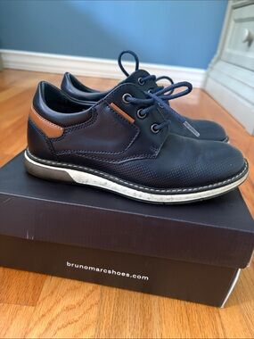 Bruno Marc Kids' Navy Dress Shoes with Tan Accent